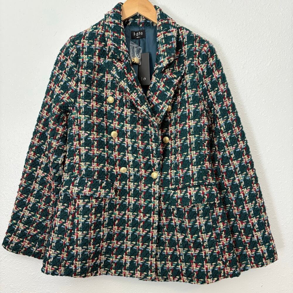 Fate Women's Plaid Tweed Jacket Size Small Gold Buttons  Preppy Career Colorful